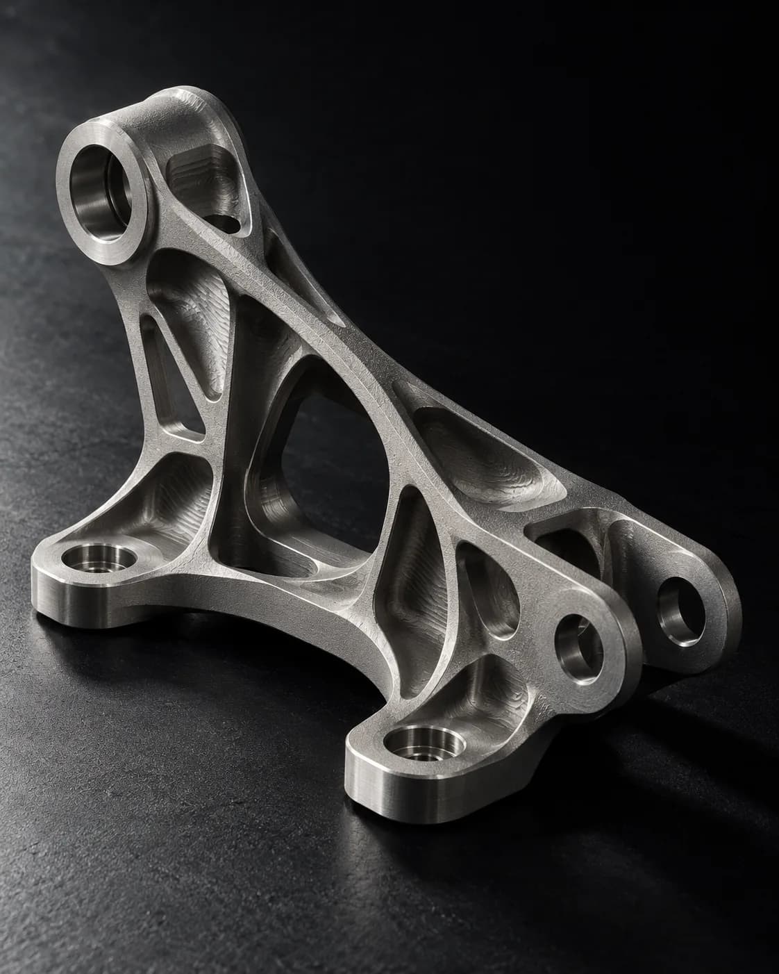 An intricate finished aerospace bracket on a matte black surface