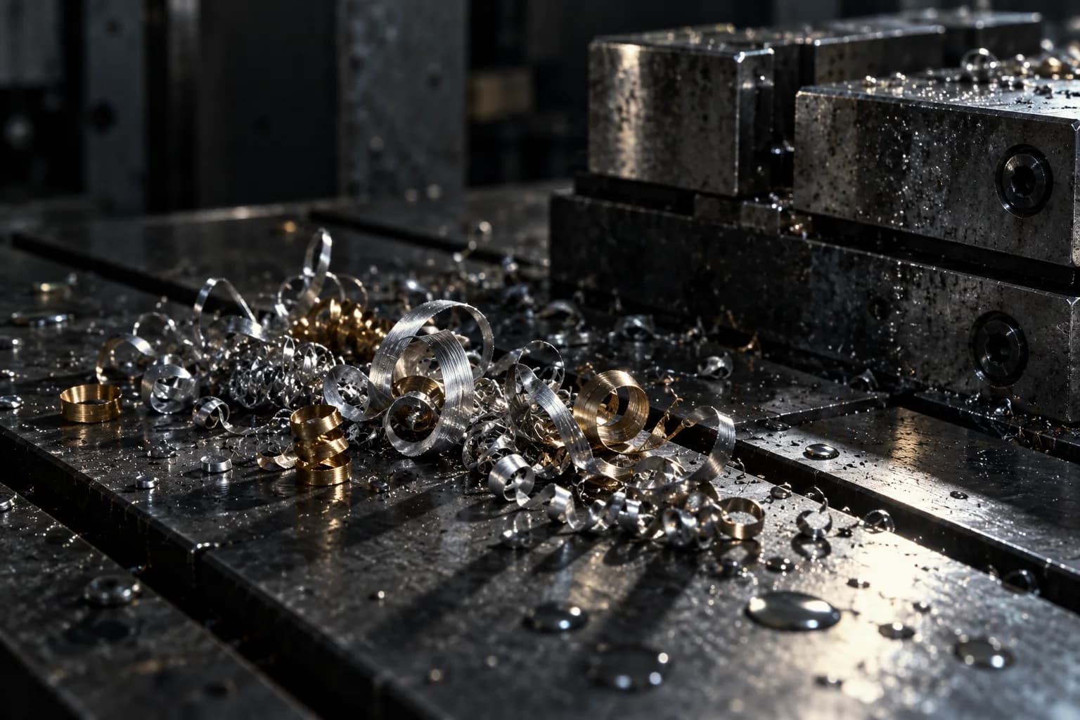 Aluminum and brass chips on a machined steel bed