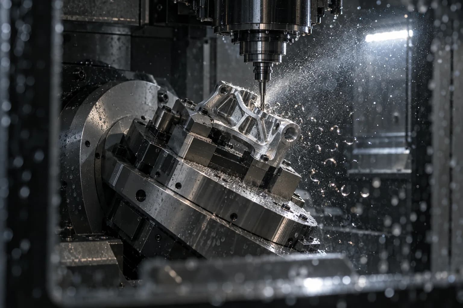 5-axis milling; the moving study shows a carbide cutter shedding chips and sparks