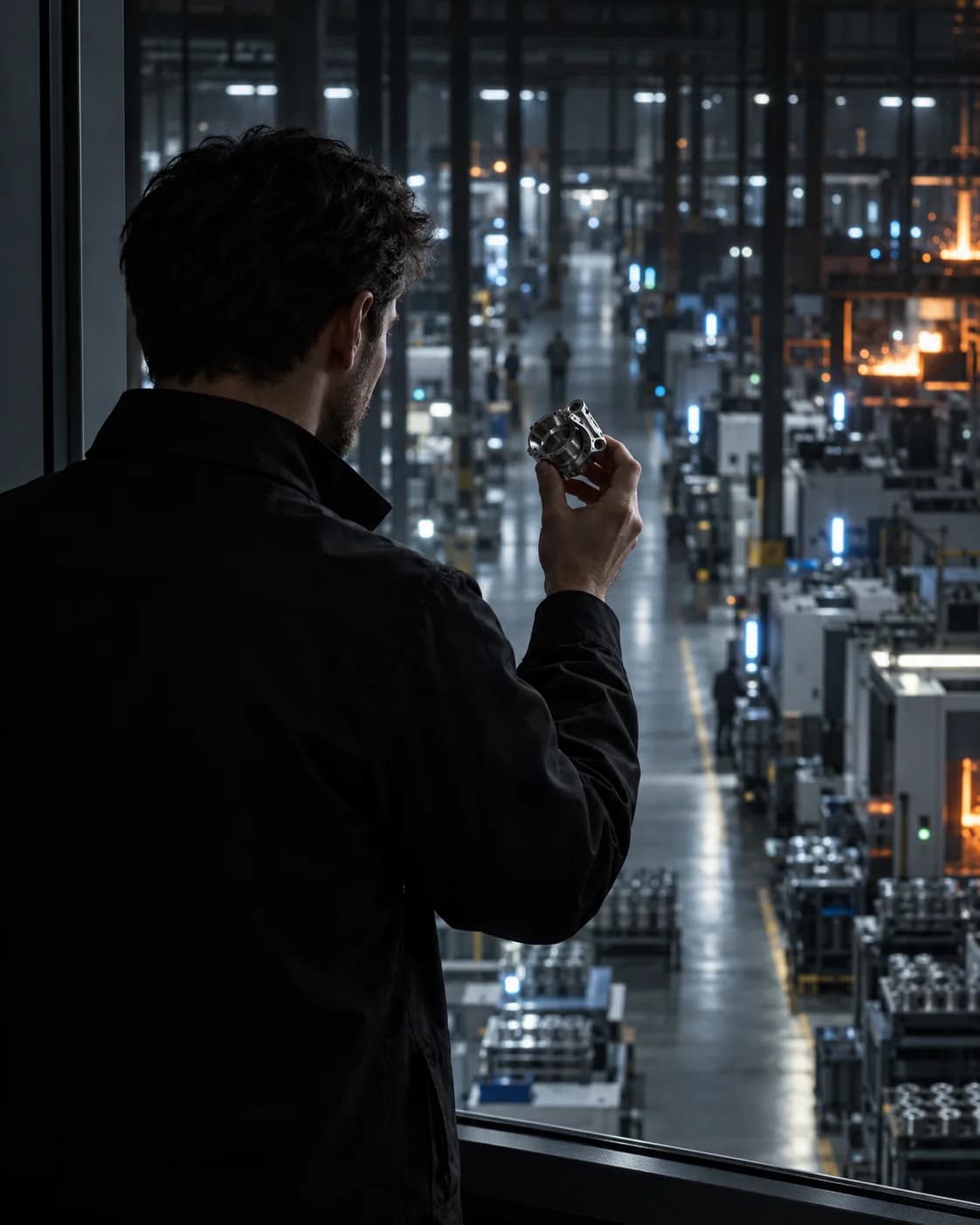 An engineer studying a machined part at a factory window