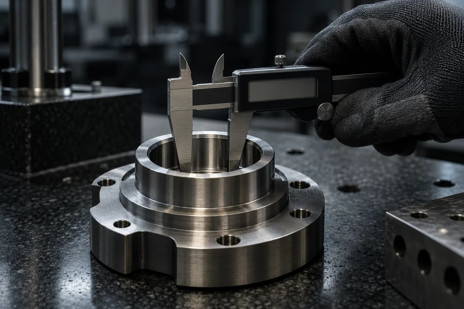 Gloved hands inspecting a machined component with calipers
