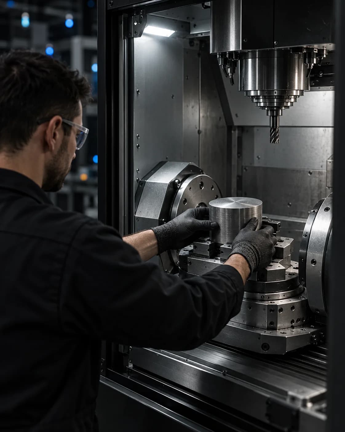 A machinist loading a part into a 5-axis cell