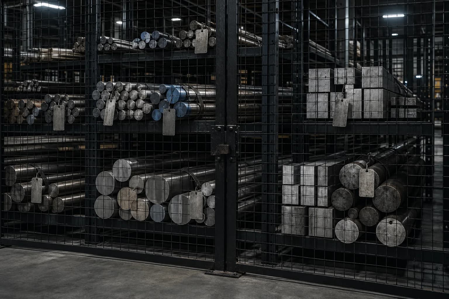Bars and billets stored in a steel material cage