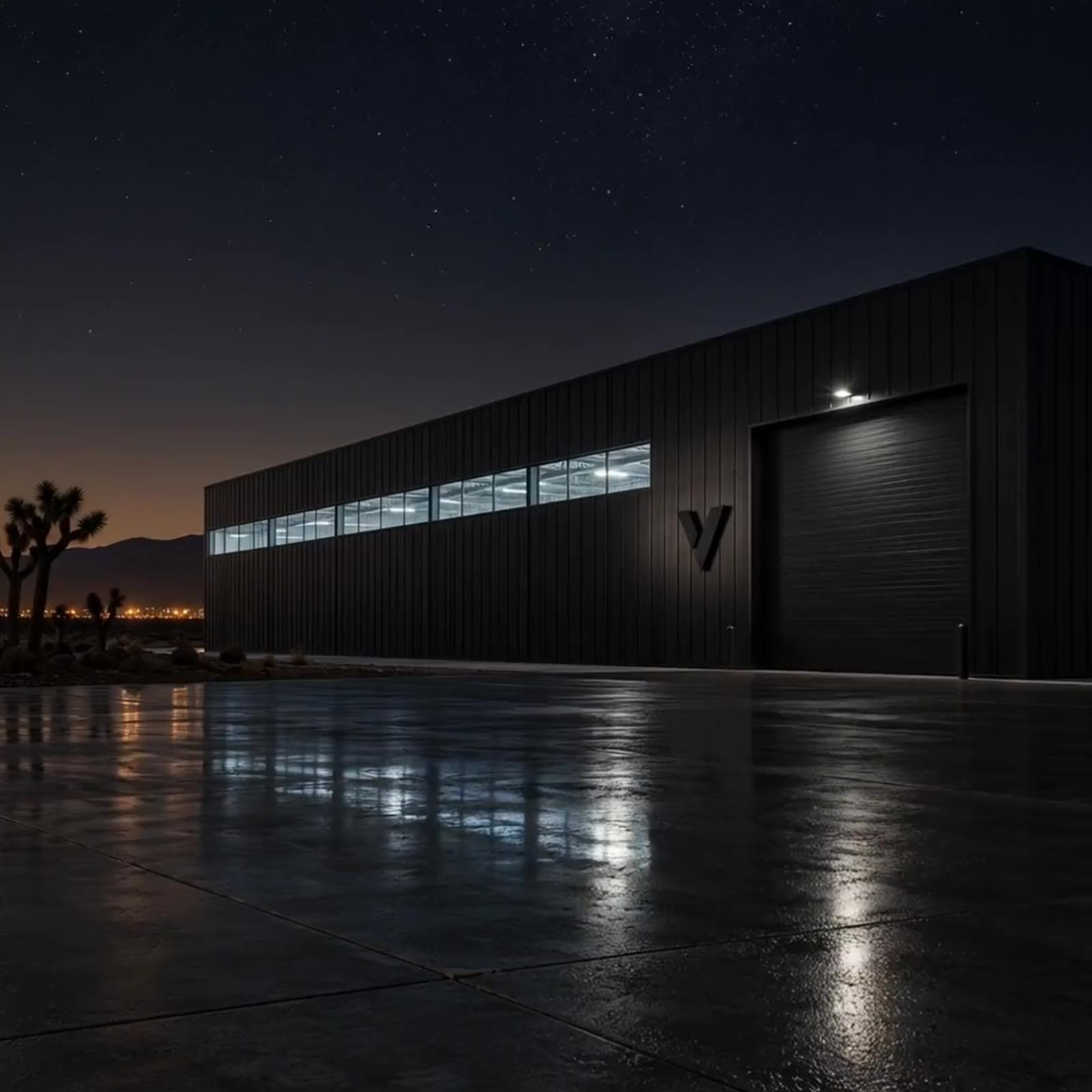 The Valyrian building at night, its lights reflected on the forecourt