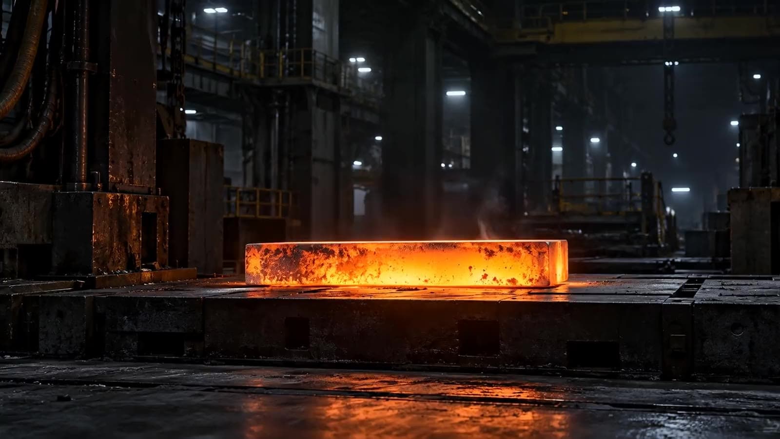 A glowing hot billet on the floor of a partner forge