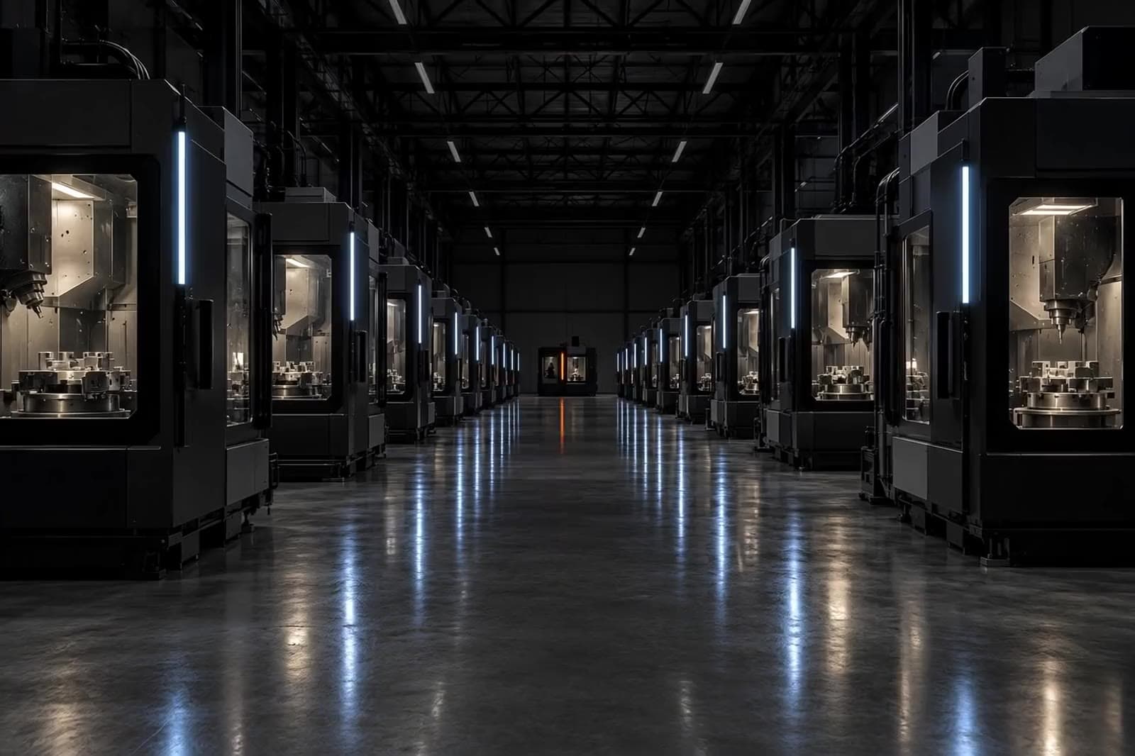 An aisle of 5-axis cells built and tuned in-house